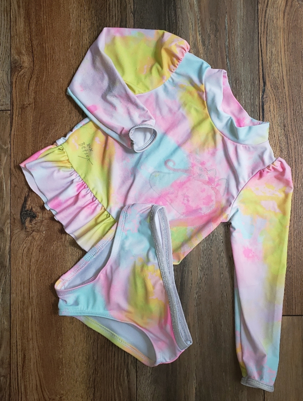 Betsey Johnson Pastel Tie-Dye Long Sleeve Rash Guard Set - Pink Yellow Blue 4t